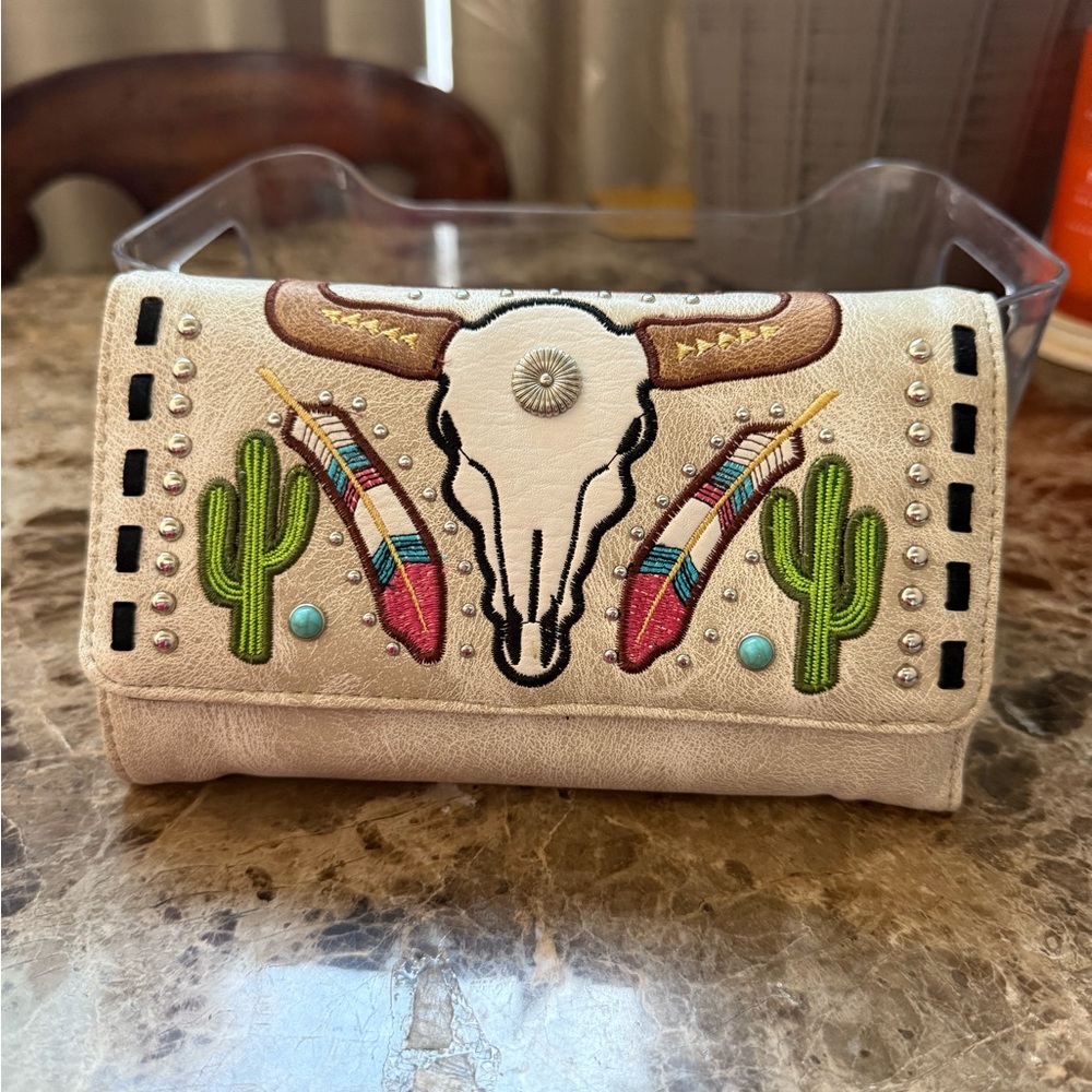 Longhorn Beige Cowgirl Crossbody Western Trifold Wallet for Women Small Size - Picture 2 of 10